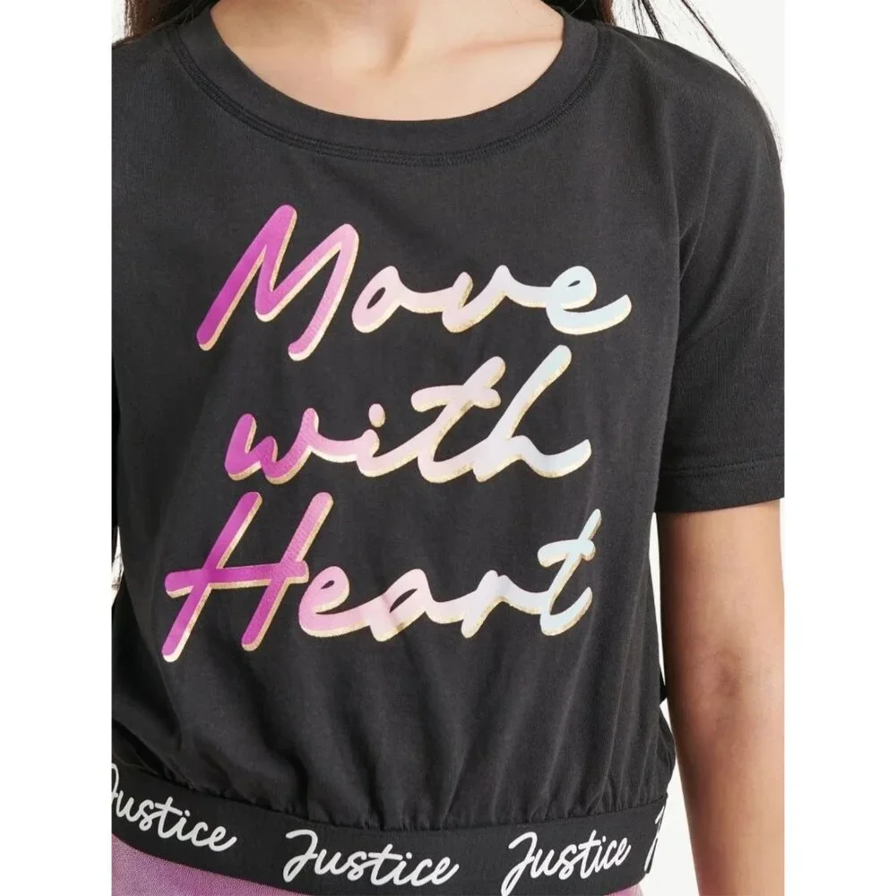 JUSTICE Dance Gymnastics Crop Move With Heart Black Shirt GIRLS SIZE XS 5-6 NEW